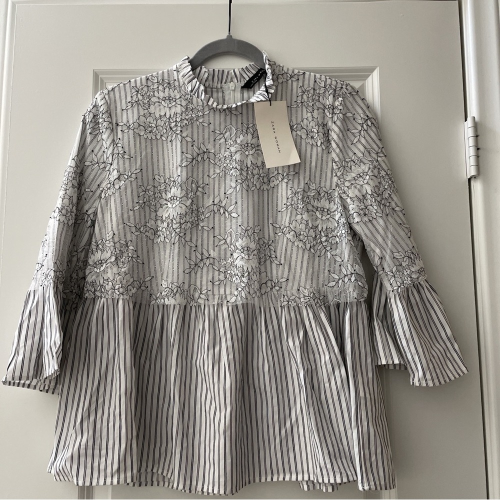 Zara striped blouse in Cortona with floreal lace top shirt